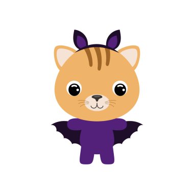 Cute little Halloween cat in a bat costume. Cartoon animal character for kids t-shirts, nursery decoration, baby shower, greeting card, invitation, house interior. Vector stock illustration