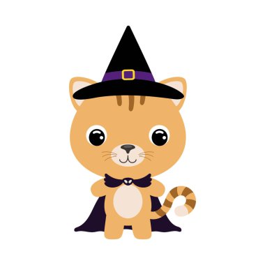 Cute little Halloween cat in a wizard costume. Cartoon animal character for kids t-shirts, nursery decoration, baby shower, greeting card, invitation, house interior. Vector stock illustration