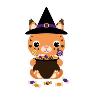 Cute Halloween lynx in witch hat holding a pot with candies. Cartoon animal character for kids t-shirts, nursery decoration, baby shower, greeting card, invitation. Vector stock illustration