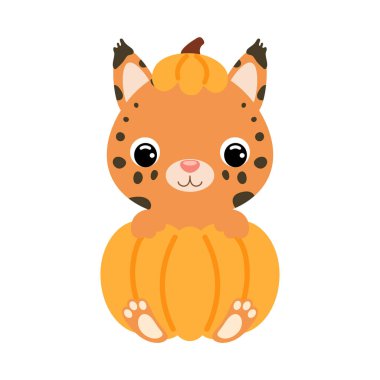 Cute little lynx sitting in a pumpkin. Cartoon animal character for kids t-shirts, nursery decoration, baby shower, greeting card, invitation. Vector stock illustration