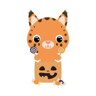Cute Halloween lynx sitting in a trick or treat bag with candies. Cartoon animal character for kids t-shirts, nursery decoration, baby shower, greeting card, invitation. Vector stock illustration