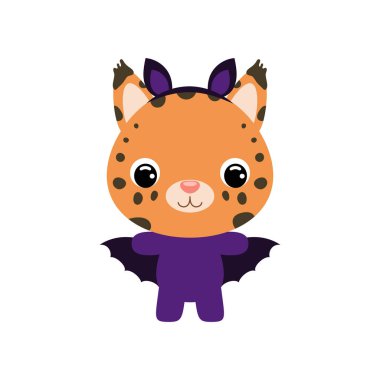 Cute little Halloween lynx in a bat costume. Cartoon animal character for kids t-shirts, nursery decoration, baby shower, greeting card, invitation, house interior. Vector stock illustration