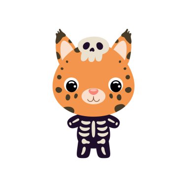 Cute little Halloween lynx in a skeleton costume. Cartoon animal character for kids t-shirts, nursery decoration, baby shower, greeting card, invitation, house interior. Vector stock illustration