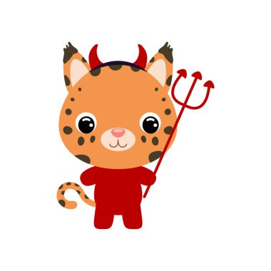 Cute little Halloween lynx in a devil costume. Cartoon animal character for kids t-shirts, nursery decoration, baby shower, greeting card, invitation, house interior. Vector stock illustration