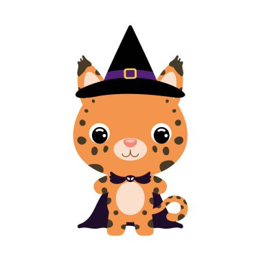 Cute little Halloween lynx in a wizard costume. Cartoon animal character for kids t-shirts, nursery decoration, baby shower, greeting card, invitation, house interior. Vector stock illustration