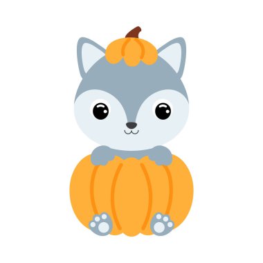 Cute little wolf sitting in a pumpkin. Cartoon animal character for kids t-shirts, nursery decoration, baby shower, greeting card, invitation. Vector stock illustration