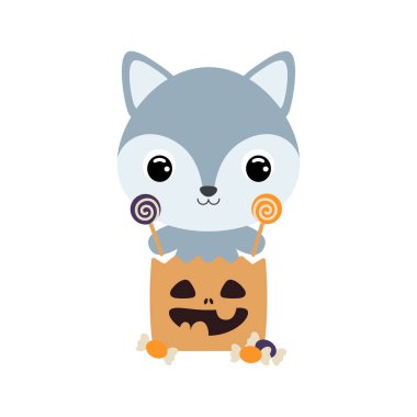 Cute Halloween wolf sitting in a trick or treat bag with candies. Cartoon animal character for kids t-shirts, nursery decoration, baby shower, greeting card, invitation. Vector stock illustration