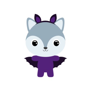 Cute little Halloween wolf in a bat costume. Cartoon animal character for kids t-shirts, nursery decoration, baby shower, greeting card, invitation, house interior. Vector stock illustration