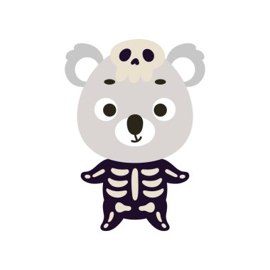 İskelet kostümlü şirin bir Cadılar Bayramı koalası. Çocuk tişörtleri için çizgi film karakteri, bebek dekorasyonu, bebek partisi, tebrik kartı, davetiye, ev içi. Vektör stok illüstrasyonu