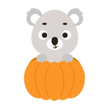 Balkabağının içinde oturan sevimli küçük koala. Çocuk tişörtleri için çizgi film karakteri, çocuk odası dekorasyonu, bebek partisi, tebrik kartı, davetiye. Vektör stok illüstrasyonu