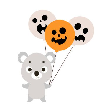 Cute little koala holding Halloween balloons. Cartoon animal character for kids t-shirts, nursery decoration, baby shower, greeting card, invitation. Vector stock illustration