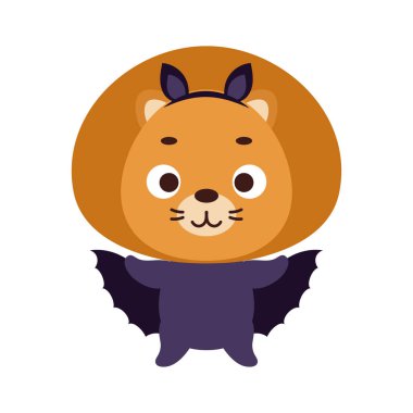 Cute little Halloween lion in a bat costume. Cartoon animal character for kids t-shirts, nursery decoration, baby shower, greeting card, invitation, house interior. Vector stock illustration