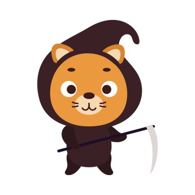 Cute little Halloween lion in a grim Reaper costume. Cartoon animal character for kids t-shirts, nursery decoration, baby shower, greeting card, invitation, decor. Vector stock illustration