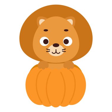 Cute little lion sitting in a pumpkin. Cartoon animal character for kids t-shirts, nursery decoration, baby shower, greeting card, invitation. Vector stock illustration
