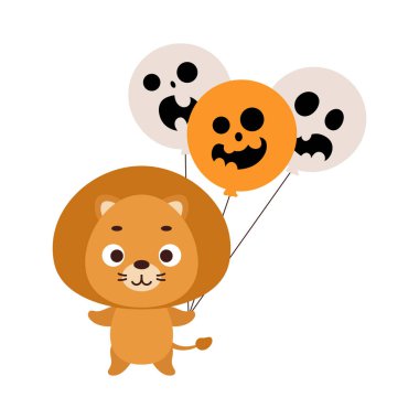 Cute little lion holding Halloween balloons. Cartoon animal character for kids t-shirts, nursery decoration, baby shower, greeting card, invitation. Vector stock illustration