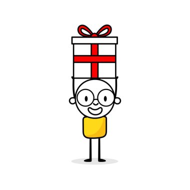 Man holding a gift box. Cartoon Christmas character concept. Isolated vector stock illustration.