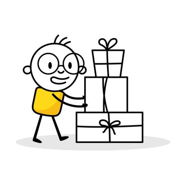 Man pushing big gift boxes. Cartoon Christmas character concept. Isolated vector stock illustration.