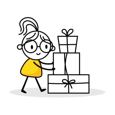 Woman pushing big gift boxes. Cartoon Christmas character concept. Isolated vector stock illustration.