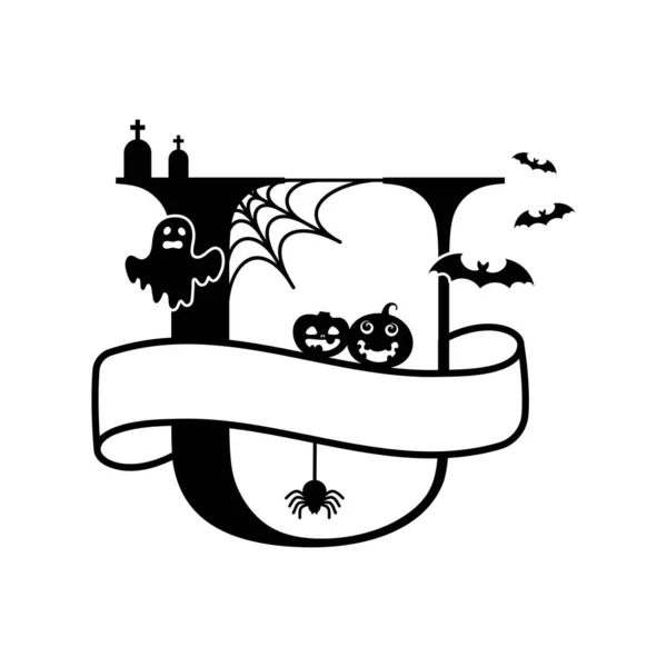 Cute Halloween Letter Split Monogram Cartoon Ghost Pumpkin Bat Kids — Stok Vektör