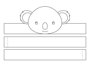 Yazdırılabilir koala kağıt kaplama. Doğum günü, noel, bebek partisi için kurdele şablonu. Eğlence için eğlenceli bir aksesuar. Yazdır, boya, kes ve yapıştır. Vektör stok illüstrasyonu.