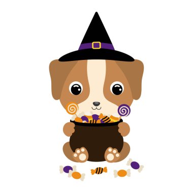 Cadı şapkalı şirin cadılar bayramı köpeği elinde şekerle bir çömlek tutuyor. Çocuk tişörtleri için çizgi film karakteri, çocuk odası dekorasyonu, bebek partisi, tebrik kartı, davetiye. Vektör stok illüstrasyonu