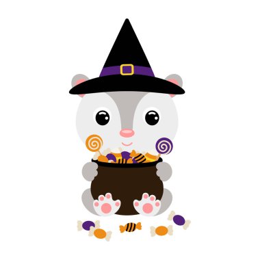 Cute Halloween opossum in witch hat holding a pot with candies. Cartoon animal character for kids t-shirts, nursery decoration, baby shower, greeting card, invitation. Vector stock illustration