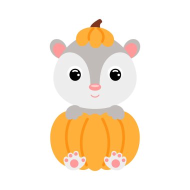 Cute little opossum sitting in a pumpkin. Cartoon animal character for kids t-shirts, nursery decoration, baby shower, greeting card, invitation. Vector stock illustration