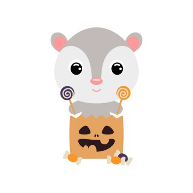 Cute Halloween opossum sitting in a trick or treat bag with candies. Cartoon animal character for kids t-shirts, nursery decoration, baby shower, greeting card, invitation. Vector stock illustration