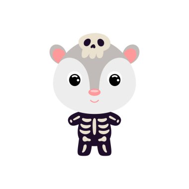 Cute little Halloween opossum in a skeleton costume. Cartoon animal character for kids t-shirts, nursery decoration, baby shower, greeting card, invitation, house interior. Vector stock illustration
