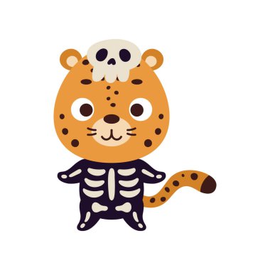 Cute little Halloween cheetah in a skeleton costume. Cartoon animal character for kids t-shirts, nursery decoration, baby shower, greeting card, invitation, house interior. Vector stock illustration