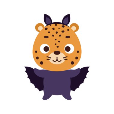 Cute little Halloween cheetah in a bat costume. Cartoon animal character for kids t-shirts, nursery decoration, baby shower, greeting card, invitation, house interior. Vector stock illustration