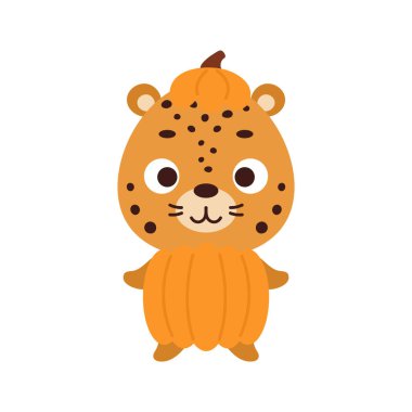 Cute little Halloween cheetah in a pumpkin costume. Cartoon animal character for kids t-shirts, nursery decoration, baby shower, greeting card, invitation, house interior. Vector stock illustration