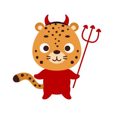 Cute little Halloween cheetah in a devil costume. Cartoon animal character for kids t-shirts, nursery decoration, baby shower, greeting card, invitation, house interior. Vector stock illustration