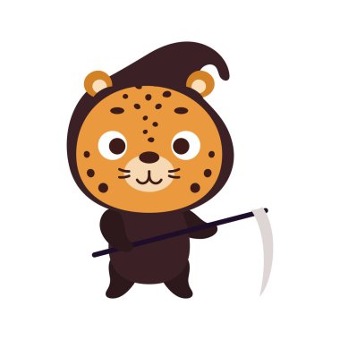 Cute little Halloween cheetah in a grim Reaper costume. Cartoon animal character for kids t-shirts, nursery decoration, baby shower, greeting card, invitation, decor. Vector stock illustration
