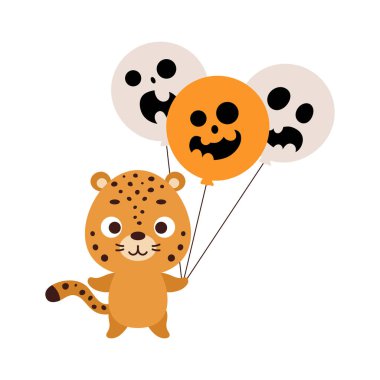 Cute little cheetah holding Halloween balloons. Cartoon animal character for kids t-shirts, nursery decoration, baby shower, greeting card, invitation. Vector stock illustration