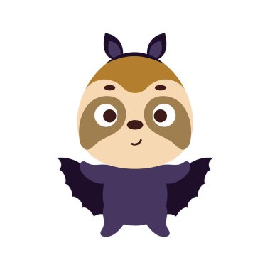 Yarasa kostümü giymiş şirin bir Cadılar Bayramı tembelliği. Çocuk tişörtleri için çizgi film karakteri, bebek dekorasyonu, bebek partisi, tebrik kartı, davetiye, ev içi. Vektör stok illüstrasyonu