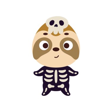 İskelet kostümlü şirin bir Cadılar Bayramı tembelliği. Çocuk tişörtleri için çizgi film karakteri, bebek dekorasyonu, bebek partisi, tebrik kartı, davetiye, ev içi. Vektör stok illüstrasyonu