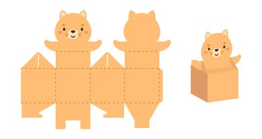 Tatlı, şeker ve küçük hediyeler için basit paket kedi tasarımı. Parti paketi şablonu, doğum günü, bebek partisi. Yazdır, kes, katla, yapıştır. Vektör stok illüstrasyonu.