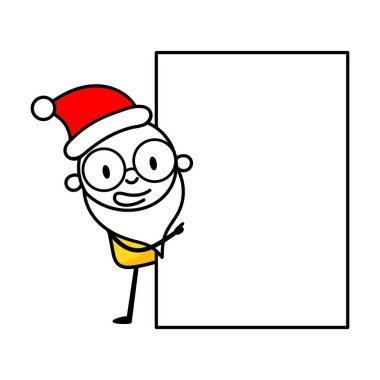 Man stands near a blank banner in Santa hat and white beard. Cartoon Christmas character concept. Isolated vector stock illustration.