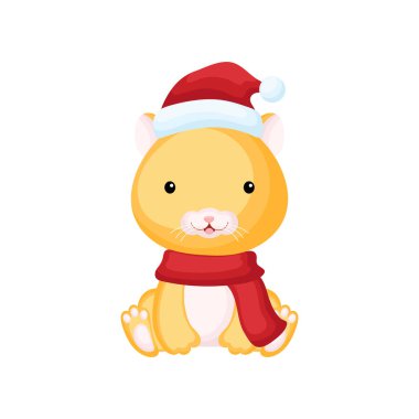 Cute little hamster sitting in a Santa hat and red scarf. Cartoon animal character for kids t-shirts, nursery decoration, baby shower, greeting card, invitation. Isolated vector stock illustration