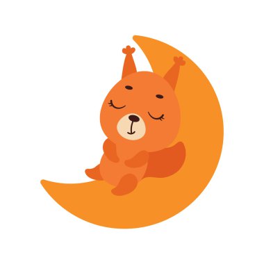 Cute little squirrel sleeping on moon. Cartoon animal character for kids t-shirt, nursery decoration, baby shower, greeting cards, invitations, house interior. Vector stock illustration
