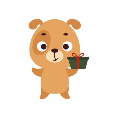 Cute little dog with gift box on white background. Cartoon animal character for kids t-shirt, nursery decoration, baby shower, greeting card, invitation, house interior. Vector stock illustration