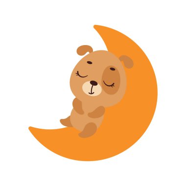 Cute little dog sleeping on moon. Cartoon animal character for kids t-shirt, nursery decoration, baby shower, greeting cards, invitations, house interior. Vector stock illustration