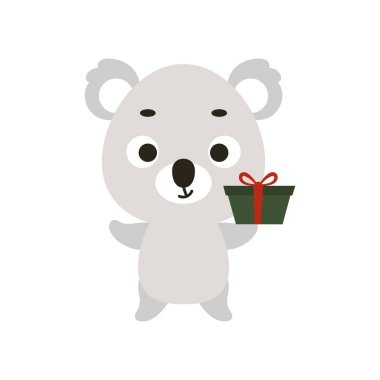 Cute little koala with gift box on white background. Cartoon animal character for kids t-shirt, nursery decoration, baby shower, greeting card, invitation, house interior. Vector stock illustration