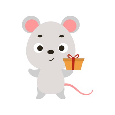 Cute little mouse with gift box on white background. Cartoon animal character for kids t-shirt, nursery decoration, baby shower, greeting card, invitation, house interior. Vector stock illustration