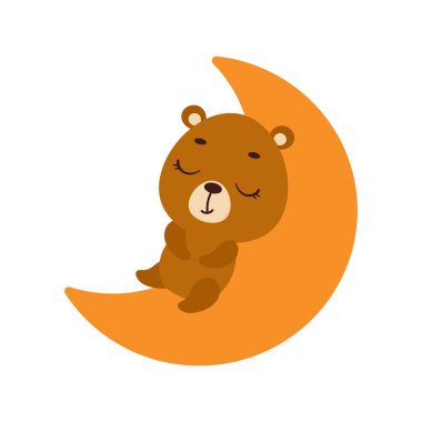 Cute little bear sleeping on moon. Cartoon animal character for kids t-shirt, nursery decoration, baby shower, greeting cards, invitations, house interior. Vector stock illustration