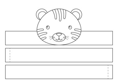 Basılabilir kaplan kağıt kaplan tacı. Doğum günü, noel, bebek partisi için kurdele şablonu. Eğlence için eğlenceli bir aksesuar. Yazdır, boya, kes ve yapıştır. Vektör stok illüstrasyonu.