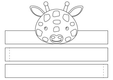 Yazdırılabilir zürafa kağıt kaplama. Doğum günü, noel, bebek partisi için kurdele şablonu. Eğlence için eğlenceli bir aksesuar. Yazdır, boya, kes ve yapıştır. Vektör stok illüstrasyonu.