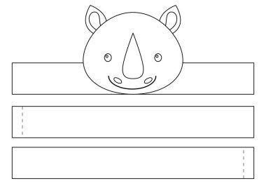 Yazdırılabilir gergedan kağıt kaplama. Doğum günü, noel, bebek partisi için kurdele şablonu. Eğlence için eğlenceli bir aksesuar. Yazdır, boya, kes ve yapıştır. Vektör stok illüstrasyonu.