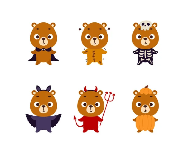 Cute Halloween Bear Set Cartoon Animal Character Collection Kids Shirts — Archivo Imágenes Vectoriales